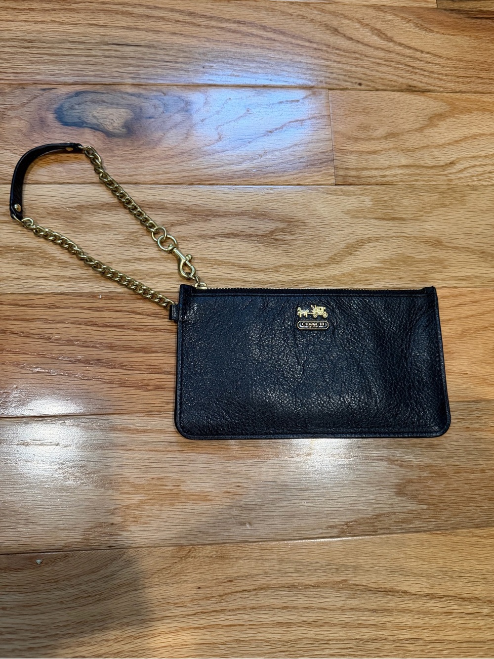 Coach Black Leather Wristlet with Gold Chain Strap